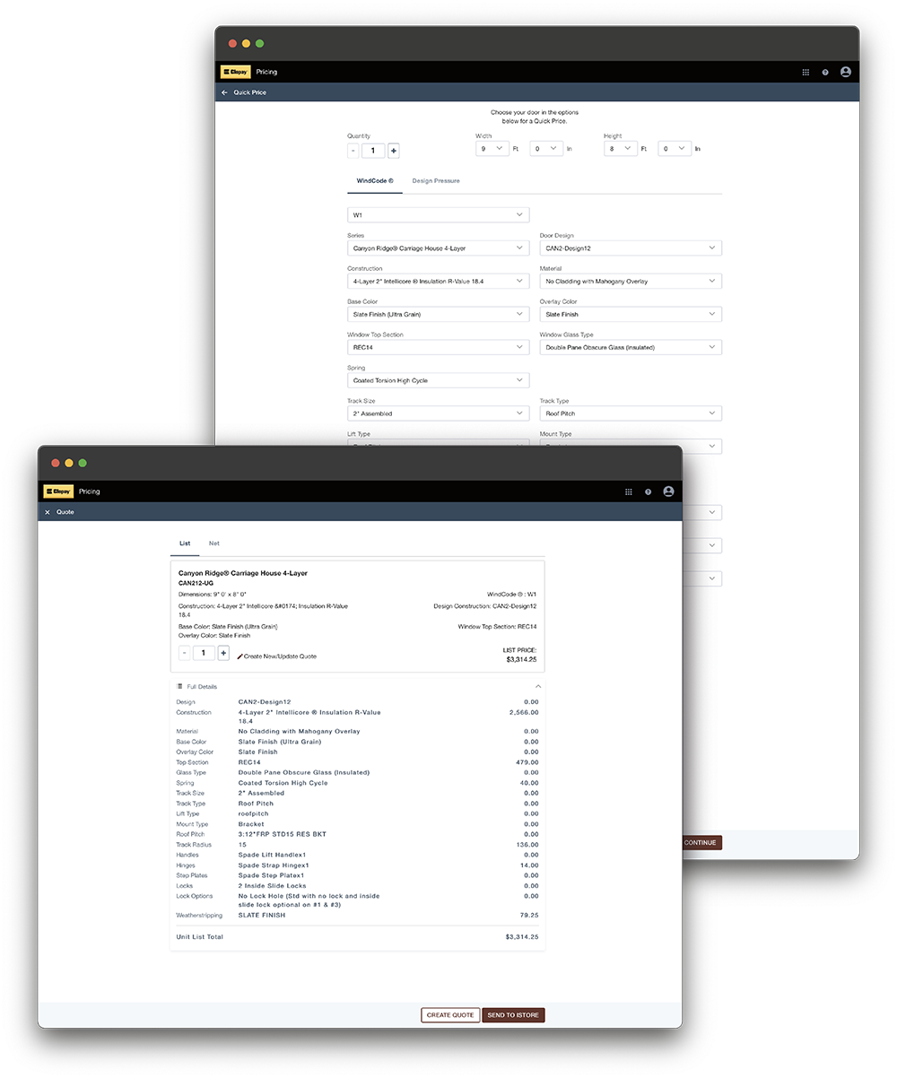 Clopay Quick Price Website Screens