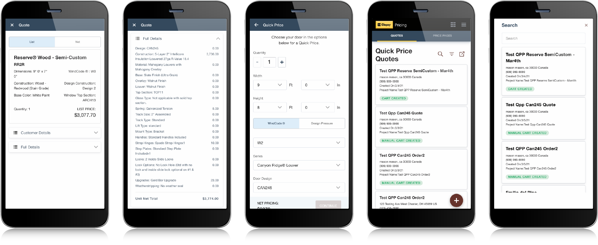 Clopay Quick Price Website Mobile Screens
